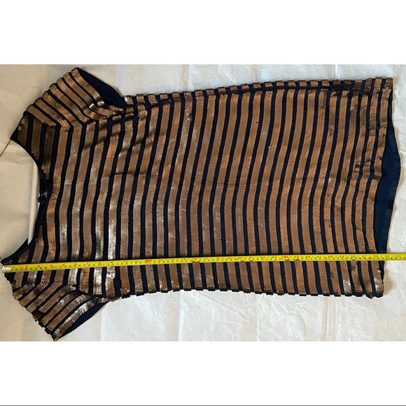 French Connection Sequin Shift Dress Size 4 Black Gold Stripe Short Sleeve Dress - Picture 13 of 15